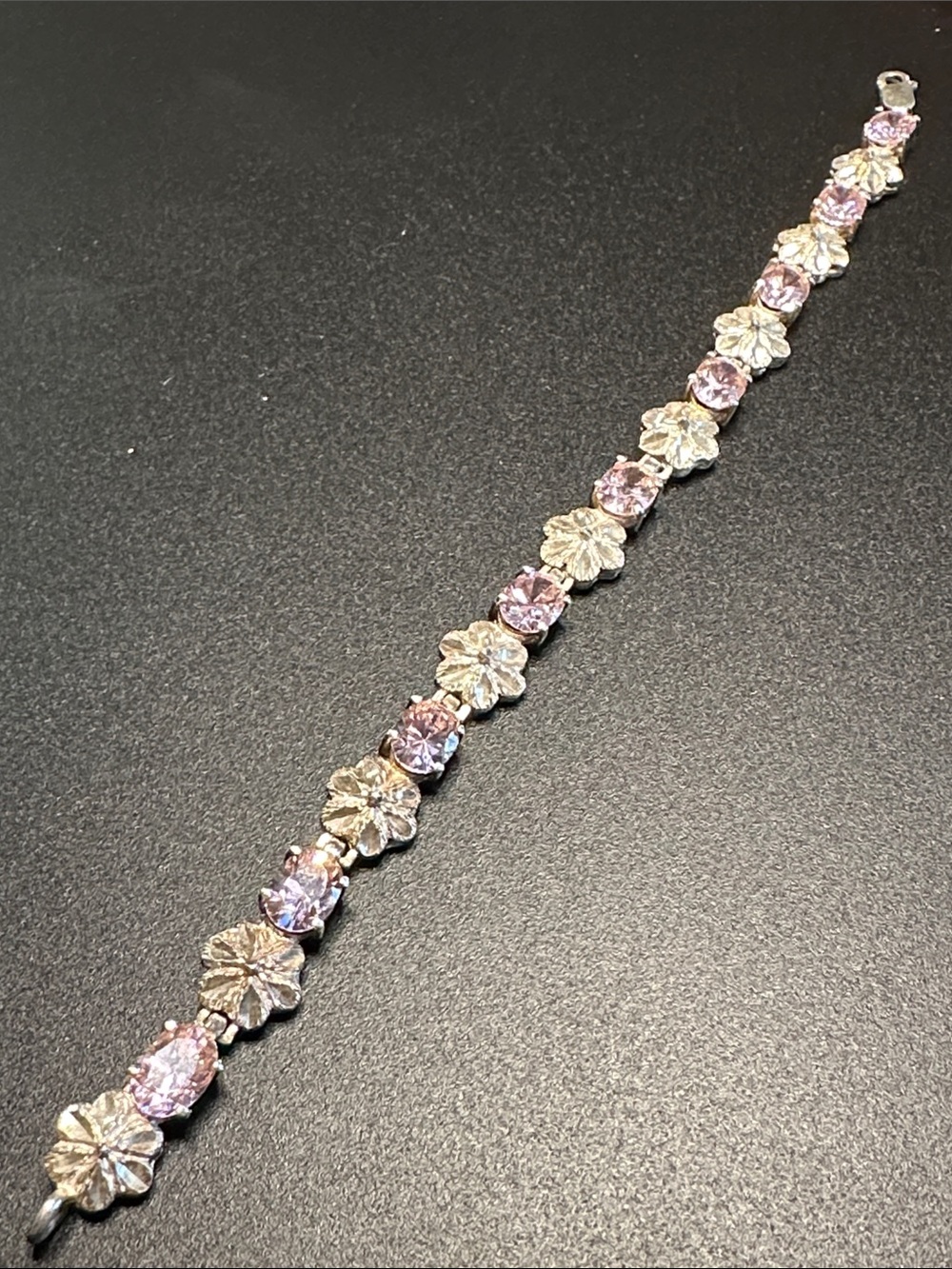 Sterling 926 flower bracelet 7 1/2”x3/8” w/pink rhinestones